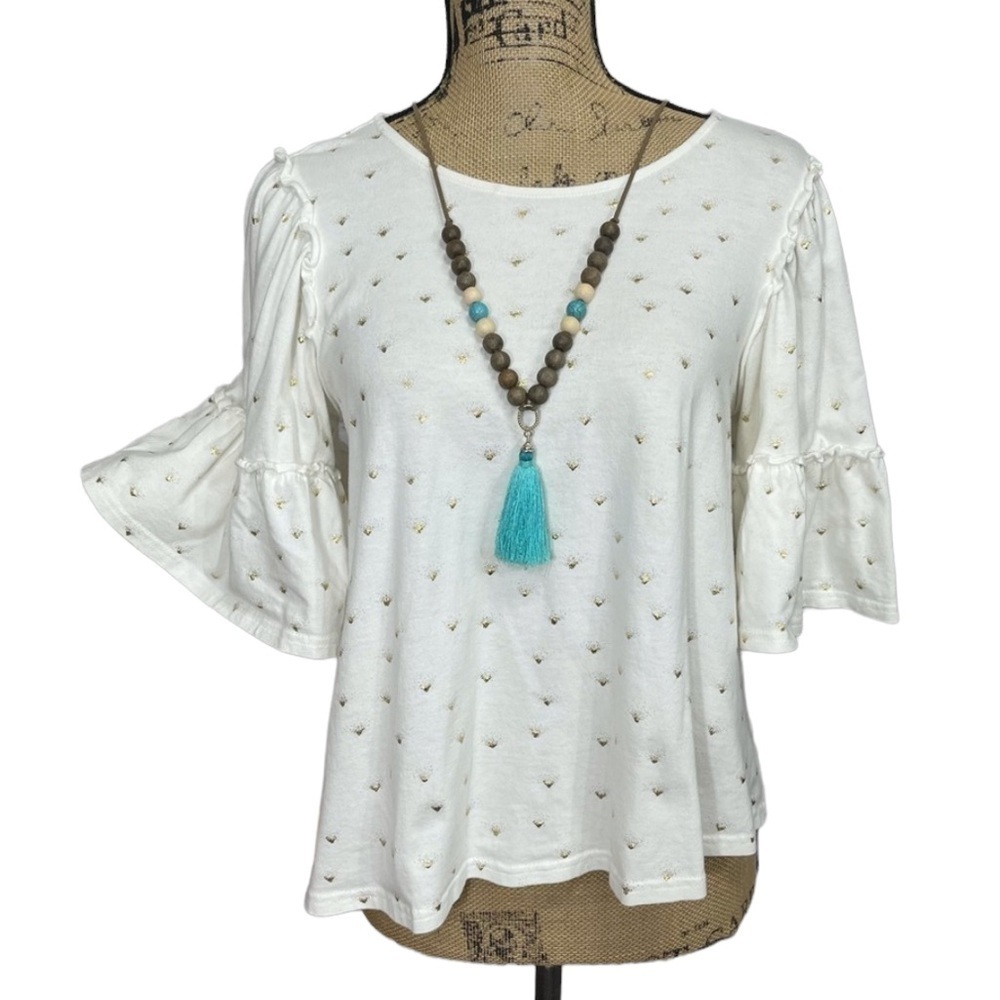 Altar’d State Sunburst Sparkle Tie Back Boho Top Size Small White and Gold - Picture 4 of 11